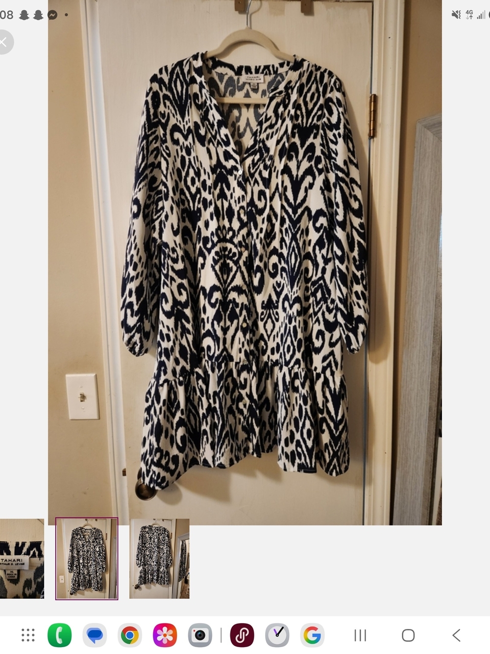 Tahari Navy and White Printed V-Neck Tiered Mini Dress